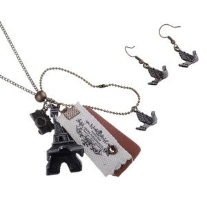 BRASSY EIFFEL TOWER & BIRD JEWELRY SET W/ LACE